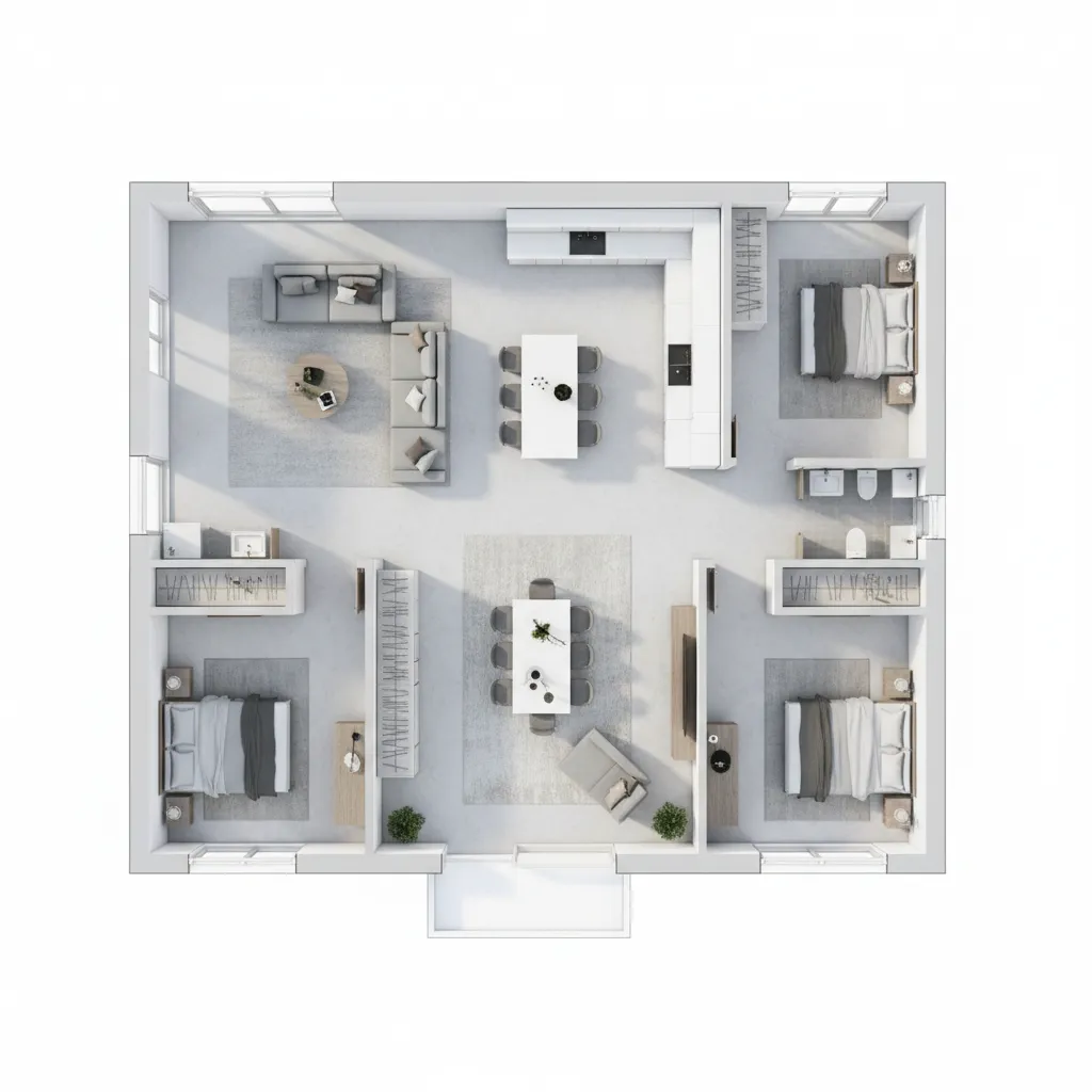 Denah rumah 7x15 dengan tiga kamar tidur