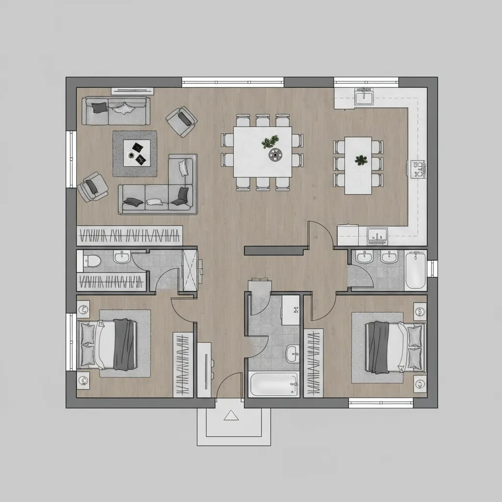 Denah rumah ukuran 7x15 dengan tiga kamar tidur