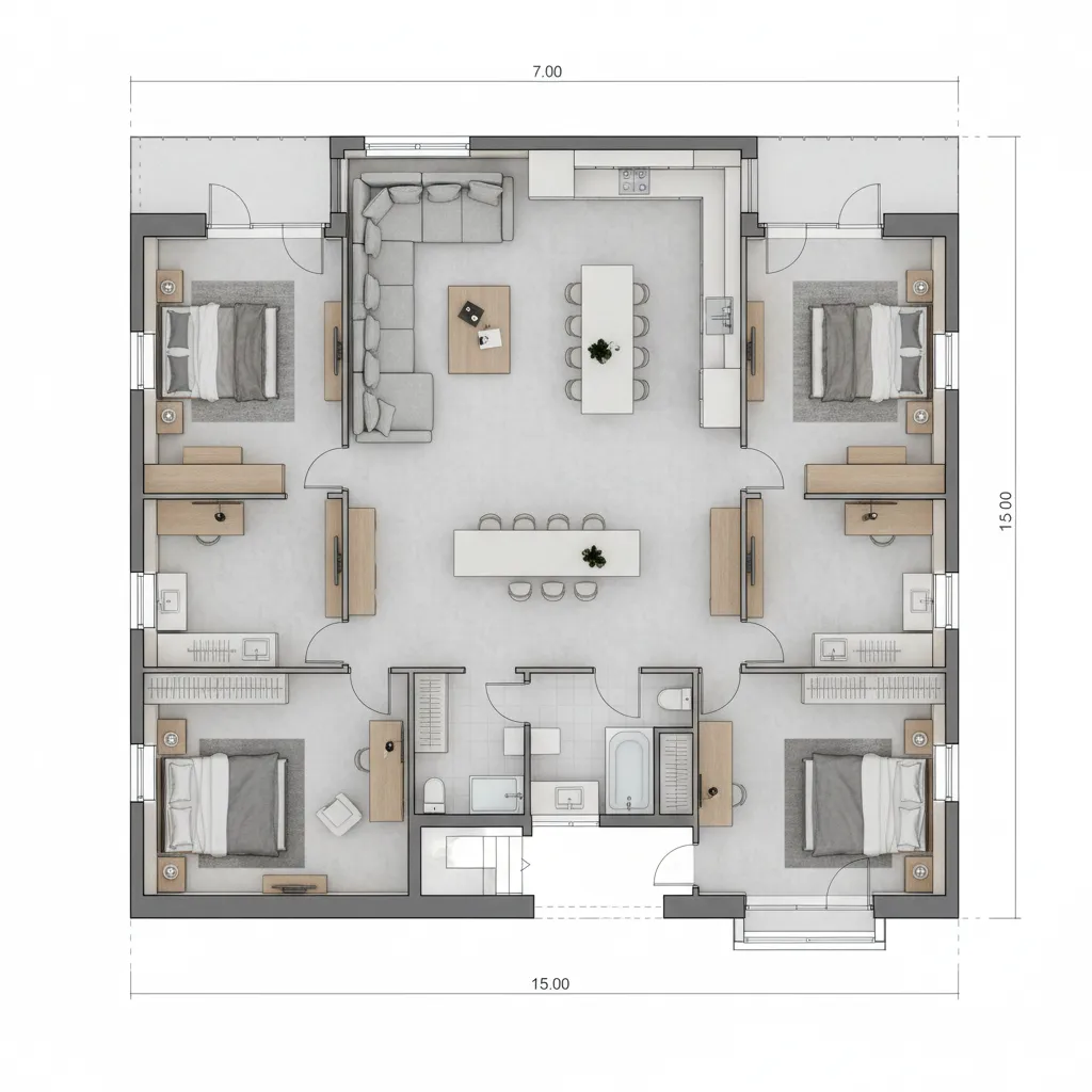 Denah Rumah 7x15 dengan 4 Kamar Tidur