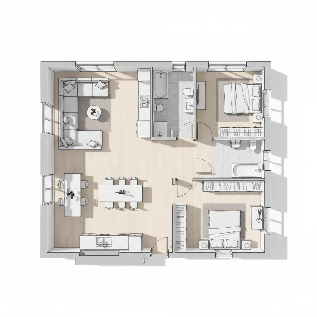 Modern apartment floor plan showing two bedrooms and two bathrooms with an open kitchen layout