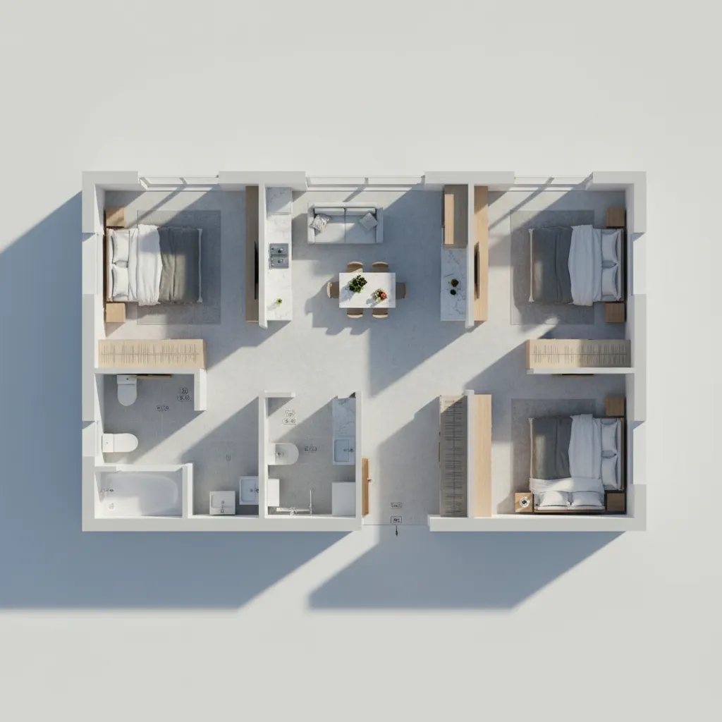 Top view 3D room layout showing two bedrooms, kitchen, dining table, sofa, and a bathroom