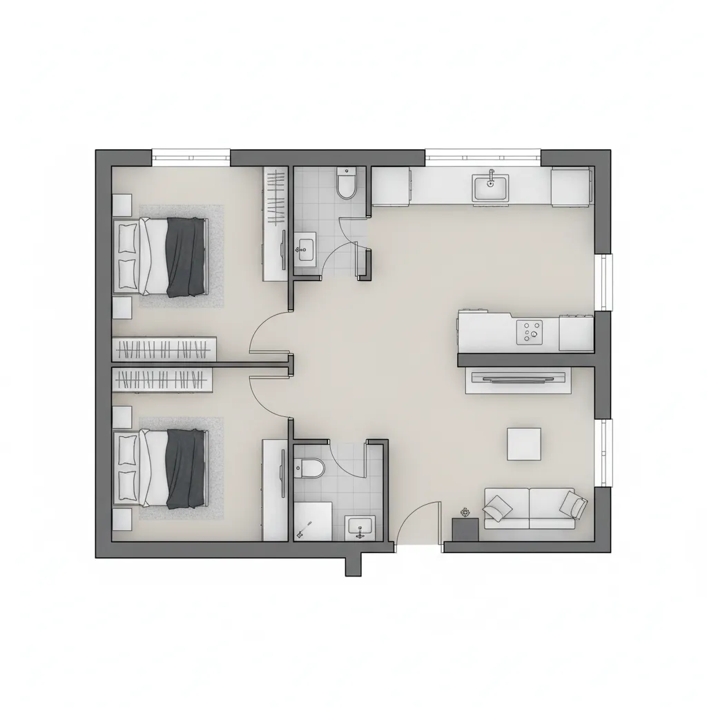 Denah rumah kecil 7x7 meter dengan dua kamar