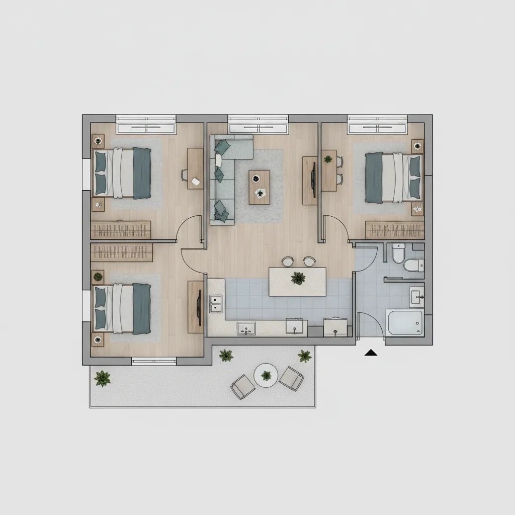 Interior design drawing showing a three bedroom apartment with open kitchen living area and patio