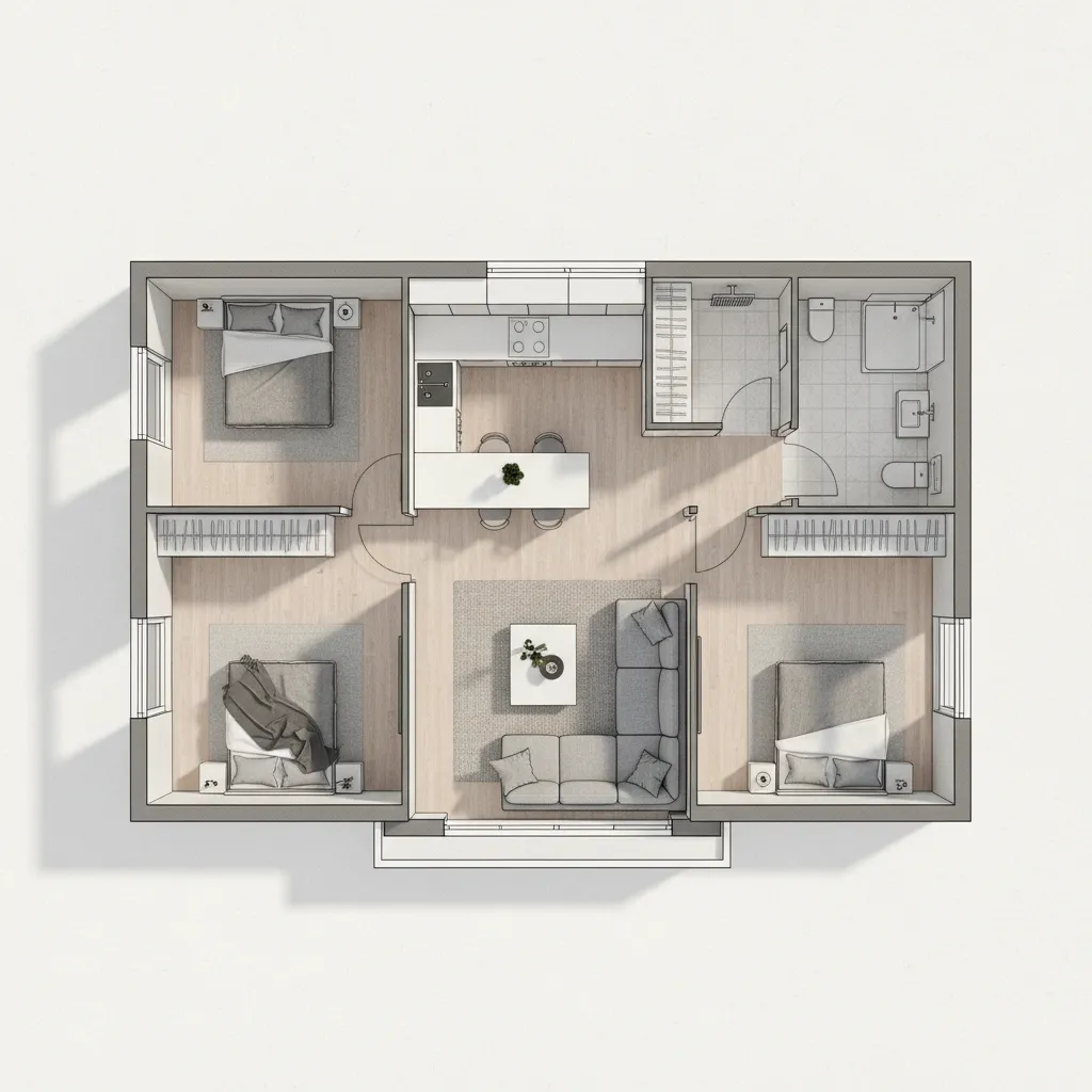 Coohom interior design drawing of a three bedroom house with grey sofa and wood floor
