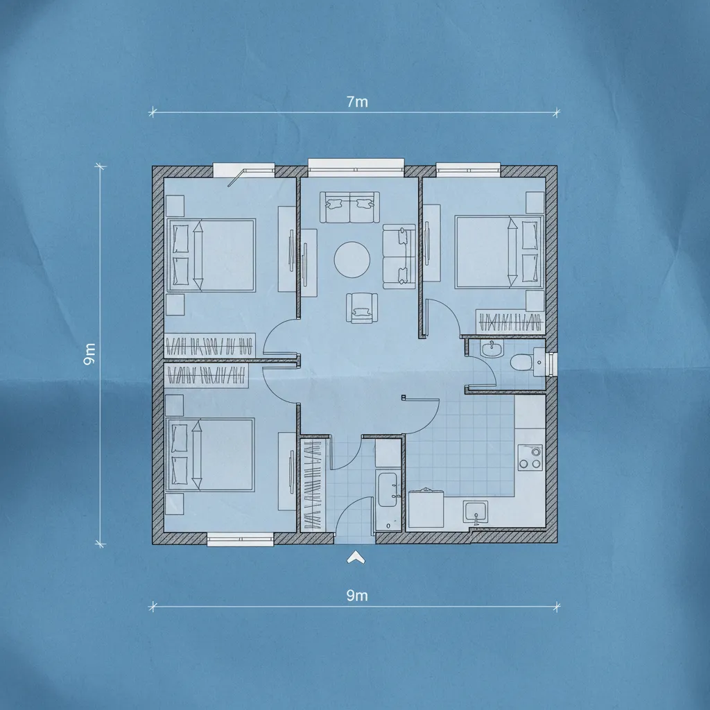 Blue interior design drawing showing three bedrooms and a living room inside a square house