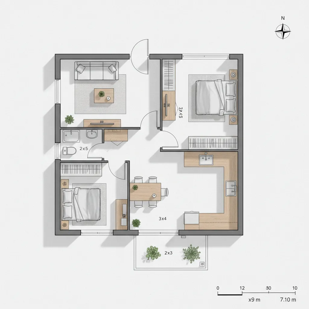 Modern apartment floor plan showing two bedrooms, living area, kitchen, bathroom, and a small balcony