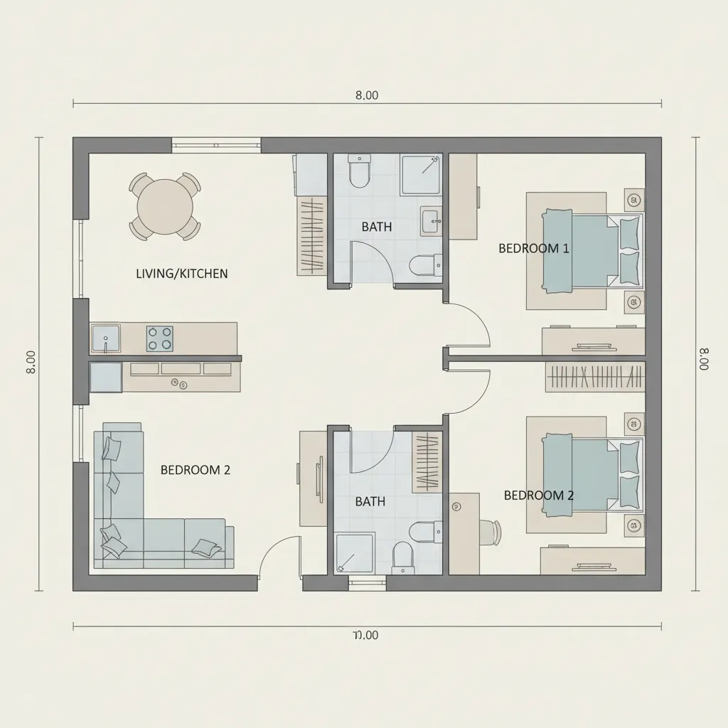 Denah rumah 8x10 meter dengan dua kamar tidur