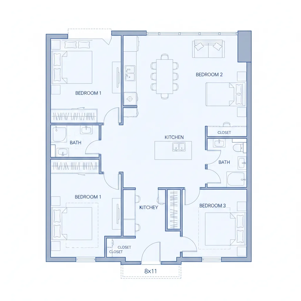 Contoh layout rumah 8x11 dengan tiga kamar tidur