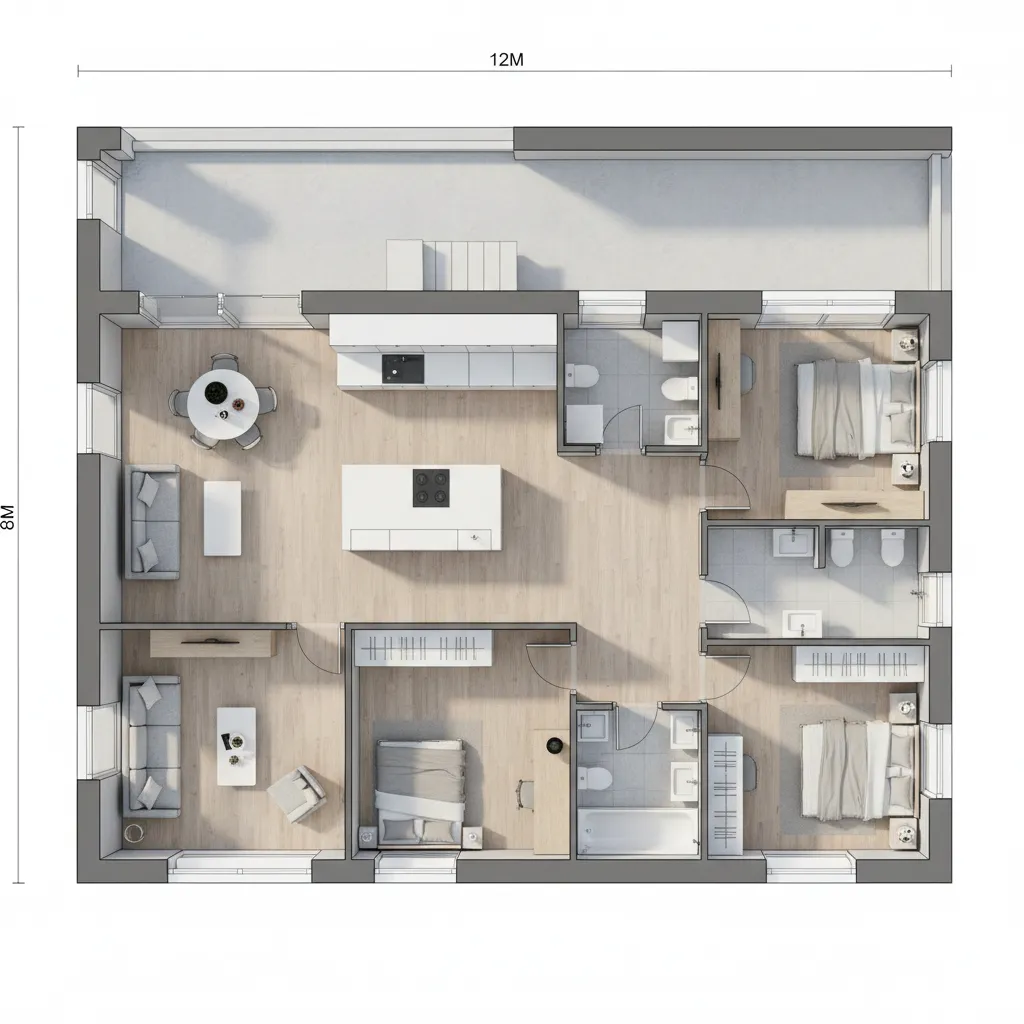 Modern three bedroom apartment floor plan with kitchen island dining table and large balcony area