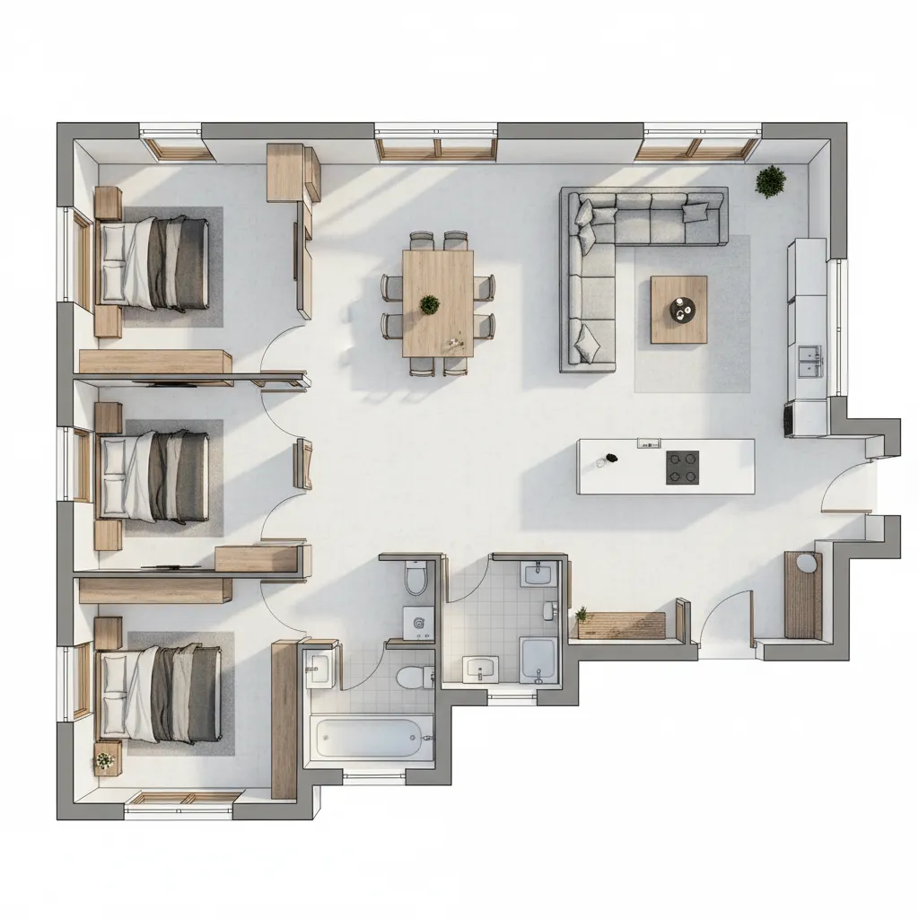 Denah Rumah 8x12 3 Kamar Tidur yang Nyaman