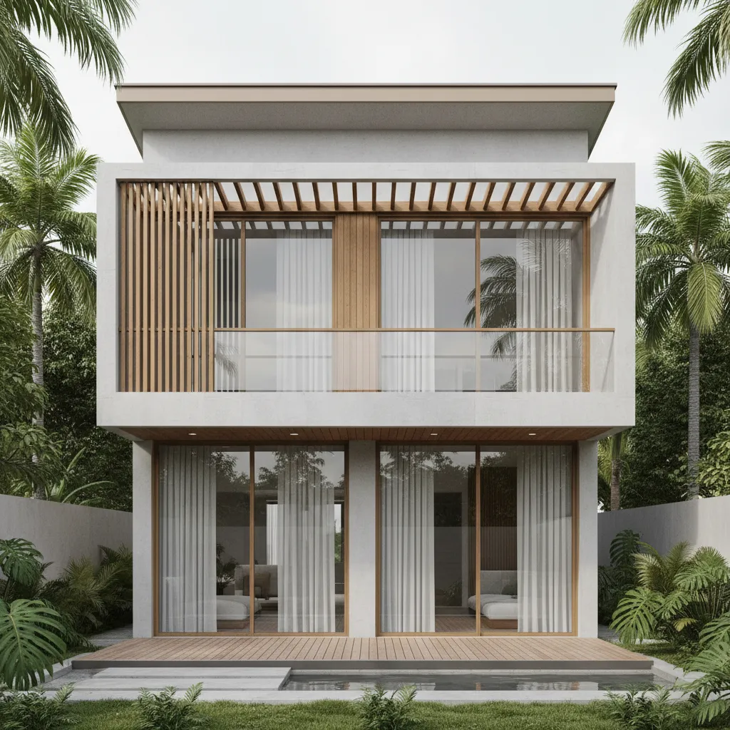 Two story house design with white walls wood panels glass balcony pool and palm trees