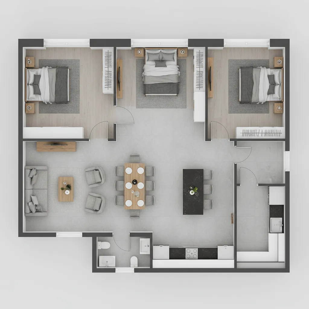 Denah rumah 8x15 meter dengan tiga kamar tidur