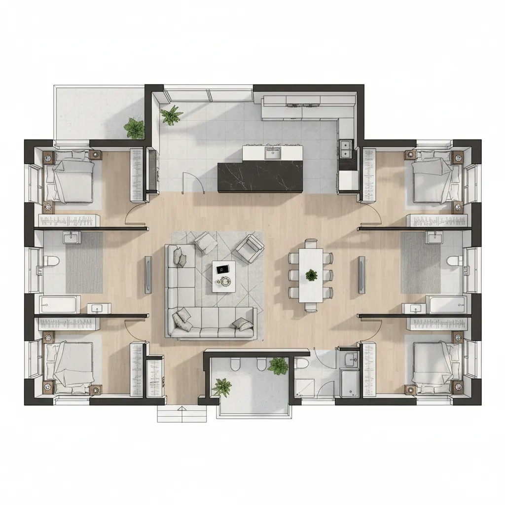 Interior design drawing of a four bedroom house with central living room kitchen and dining table