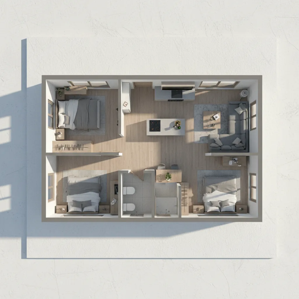 Top-down interior design drawing of three bedroom apartment with grey sofa and wood floor layout