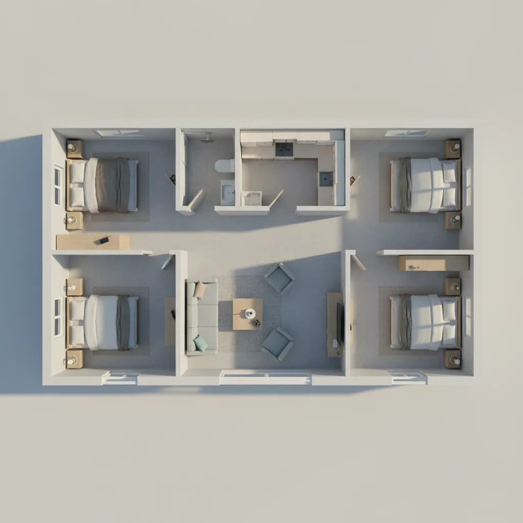 Denah rumah 8 x 8 dengan dua kamar tidur