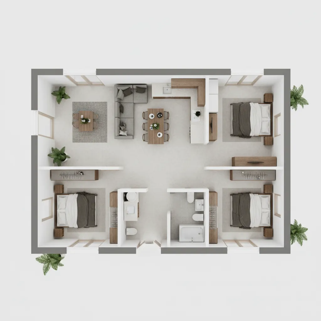 Three bedroom 3D house layout showing kitchen living room dining area and two full bathrooms