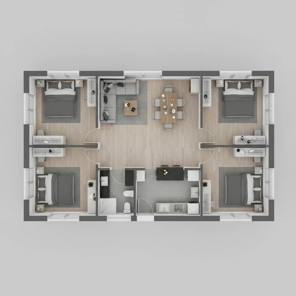 Three dimensional interior design drawing showing four bedrooms living room kitchen dining area and bathrooms