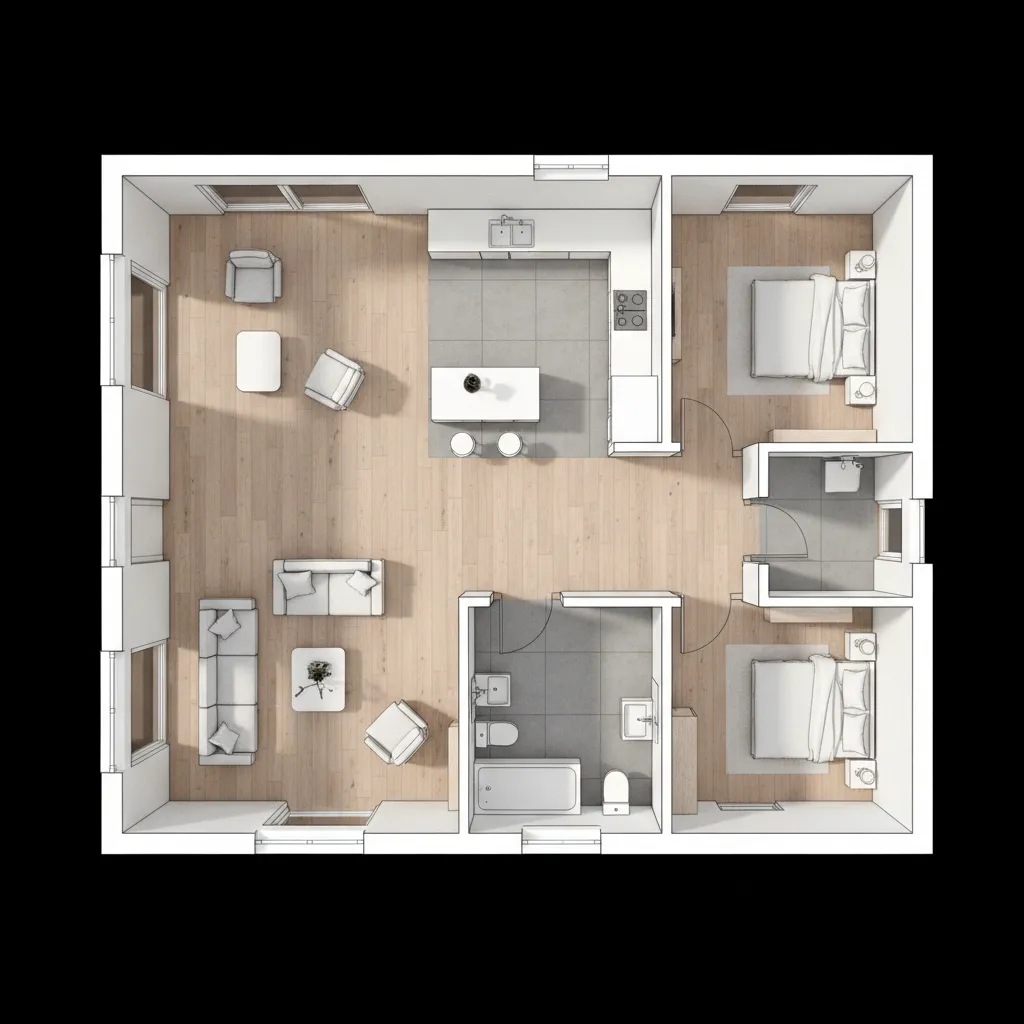 Modern three dimensional interior design drawing of house layout with two bedrooms and open kitchen