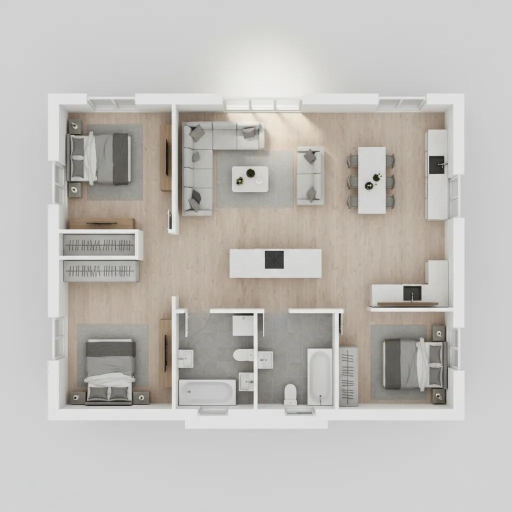 3D interior design drawing showing a three bedroom apartment with furniture and light wood flooring