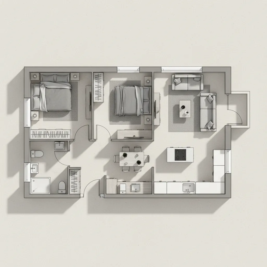 Top view interior design drawing of floor plan with two bedrooms and open living space