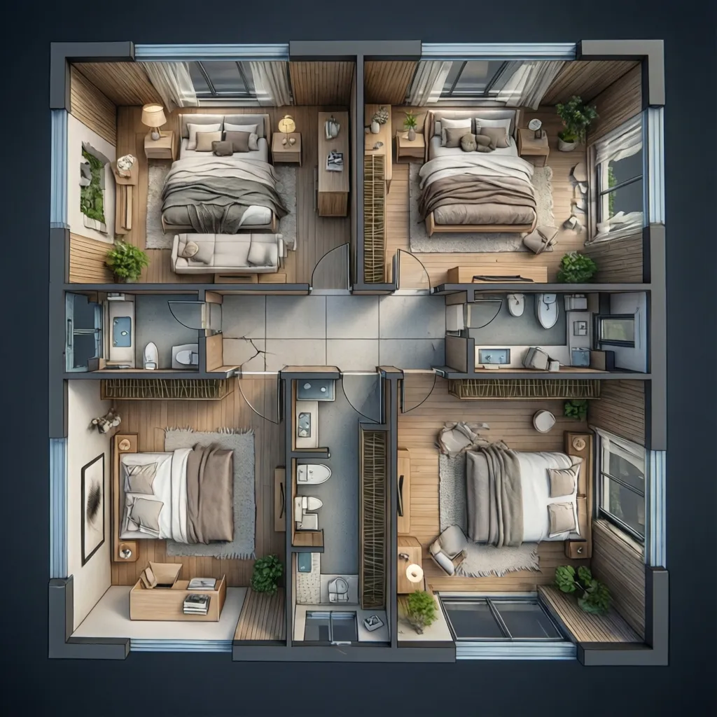 Denah rumah 9 x 9 dengan tiga kamar tidur