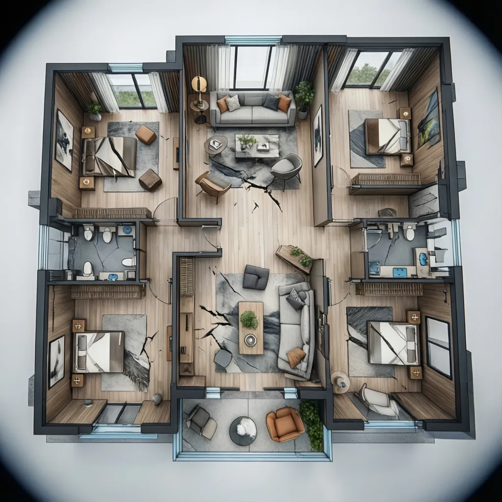 Three dimensional interior design drawing with wood walls three bedrooms two bathrooms and modern furniture