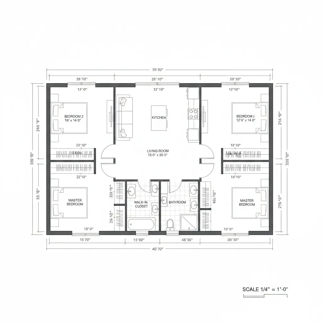 Denah rumah AutoCAD dengan dua kamar tidur