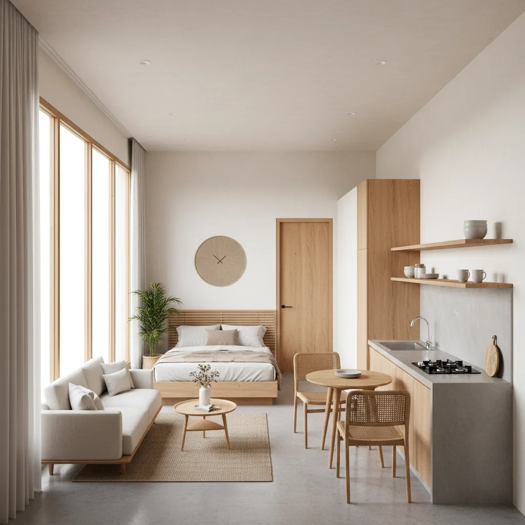 Modern studio apartment design with white sofa wooden bed dining table and small kitchen area