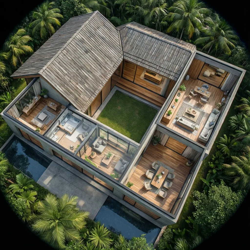 Denah rumah berbentuk L dengan taman di tengah