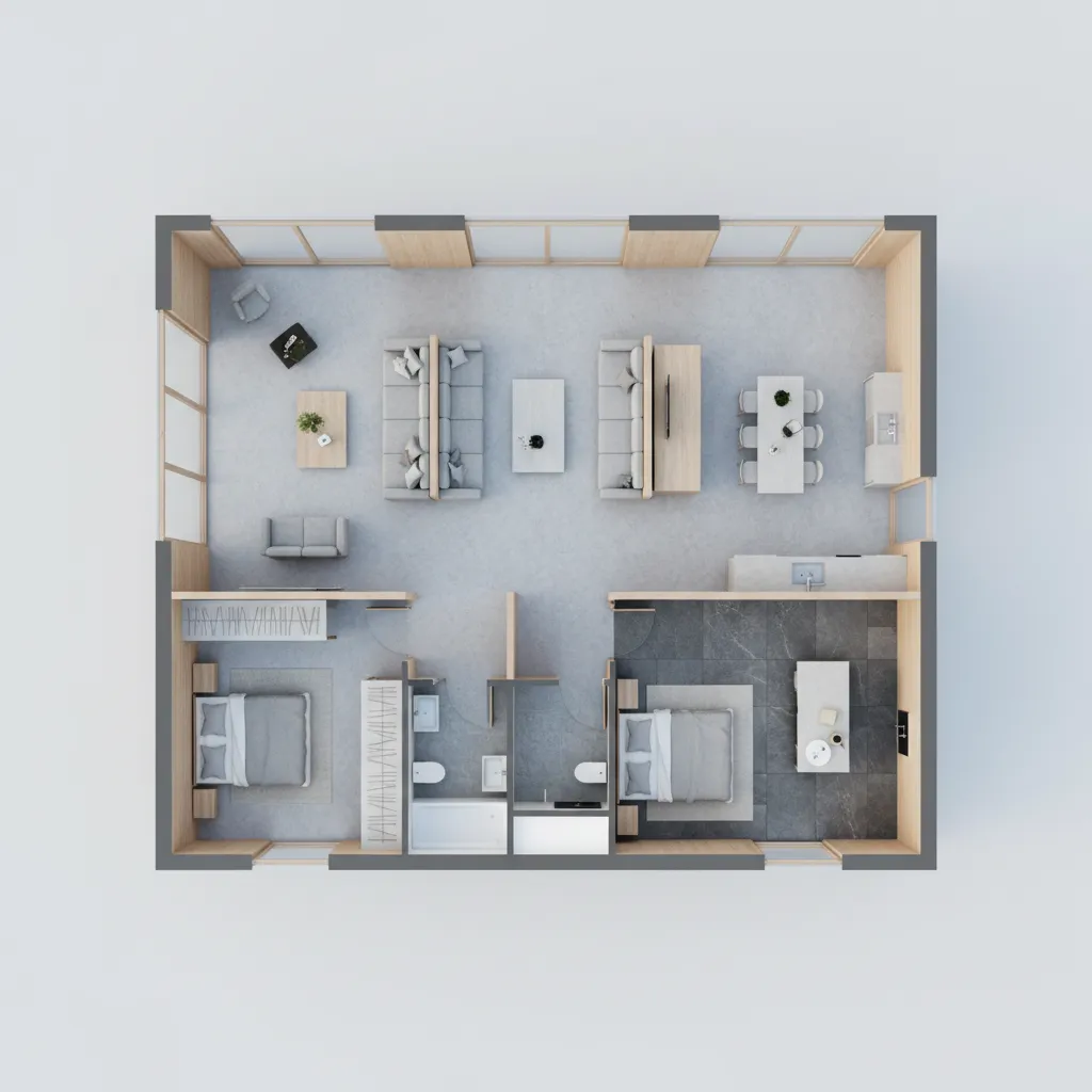 Top view interior design drawing of modern apartment layout with grey sofa and two bedrooms