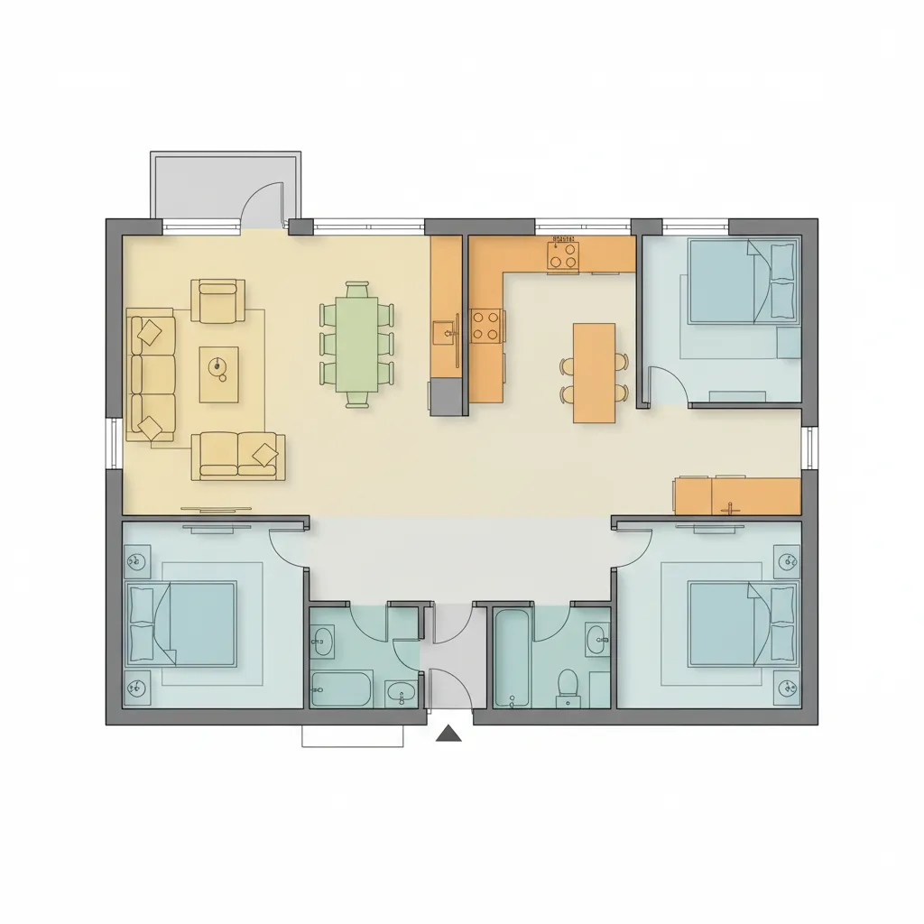 Colored 2D floor plan showing three bedrooms two bathrooms living area dining table and kitchen