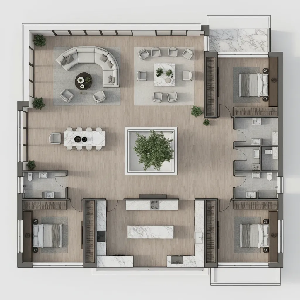 Modern house floor plan with central indoor tree white furniture and marble stone kitchen island