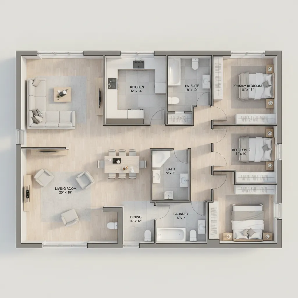 3D house floor plan showing living room kitchen dining area and three bedrooms with furniture