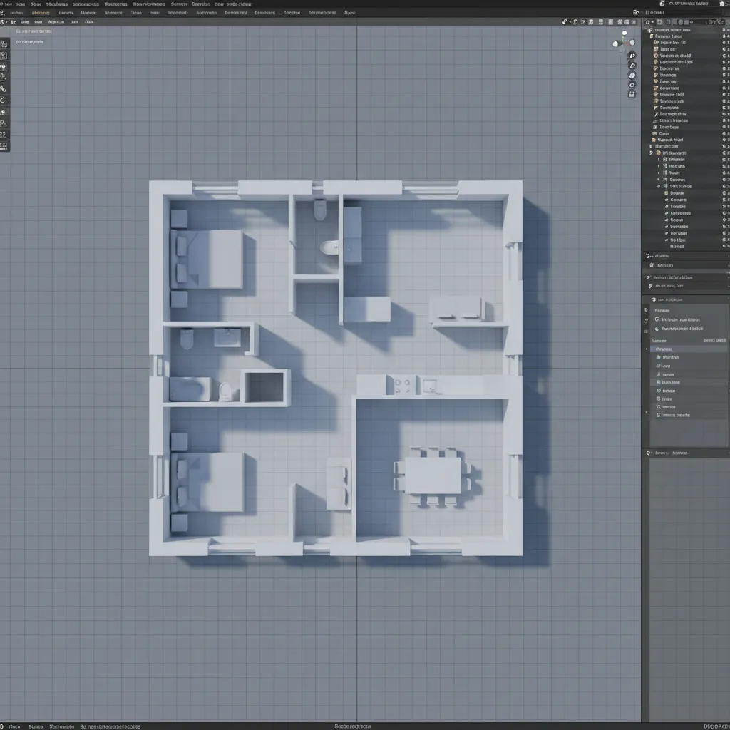 Interior design drawing of a white house floor plan with bedrooms, kitchen, and dining area