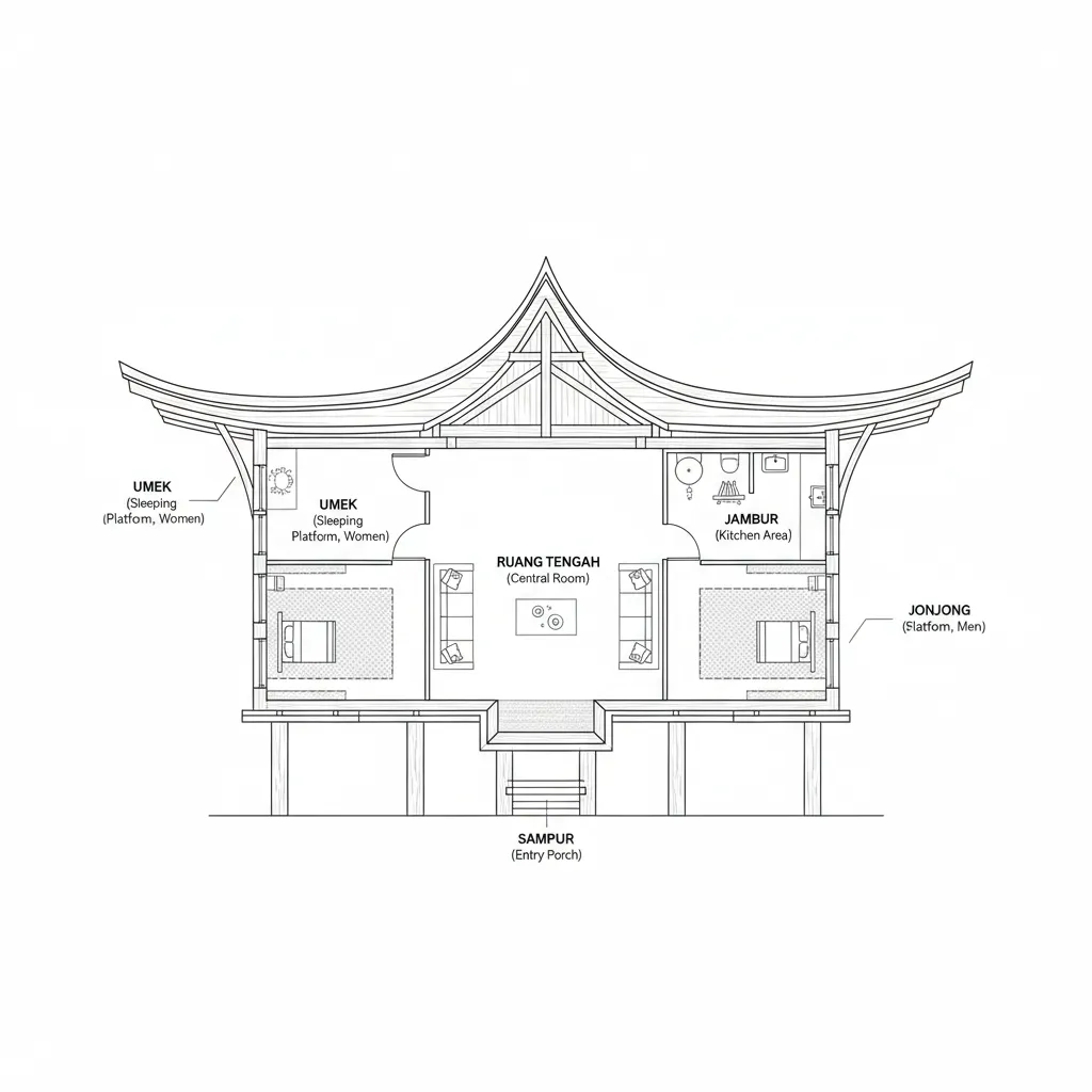 Diagram denah rumah Bolon dengan pembagian ruang tradisional