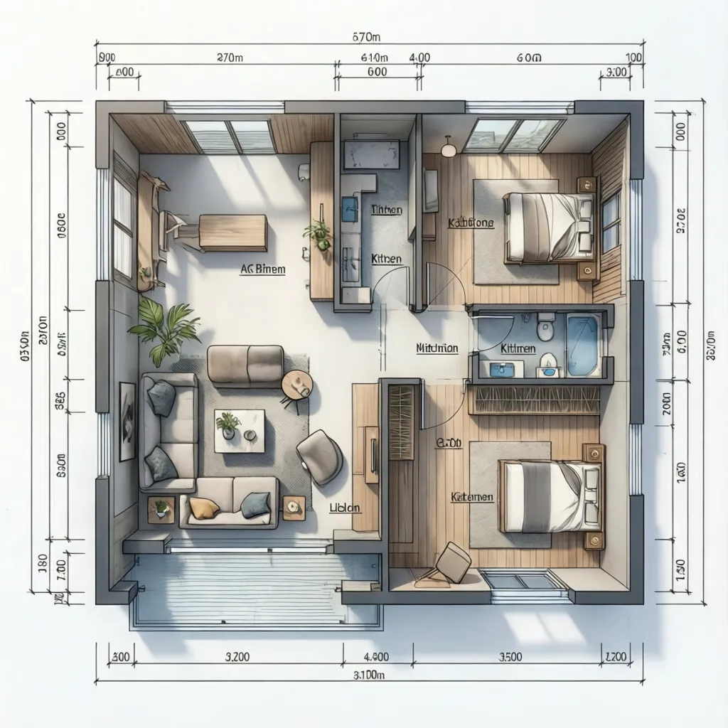 Coohom floor plan drawing showing a living room two bedrooms kitchen bathroom and specific measurements