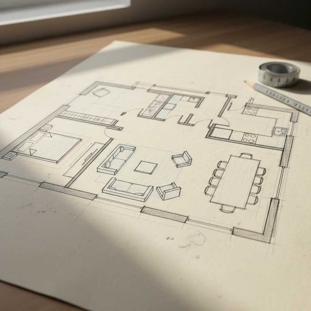 Denah rumah dengan ilustrasi furnitur seperti tempat tidur dan sofa