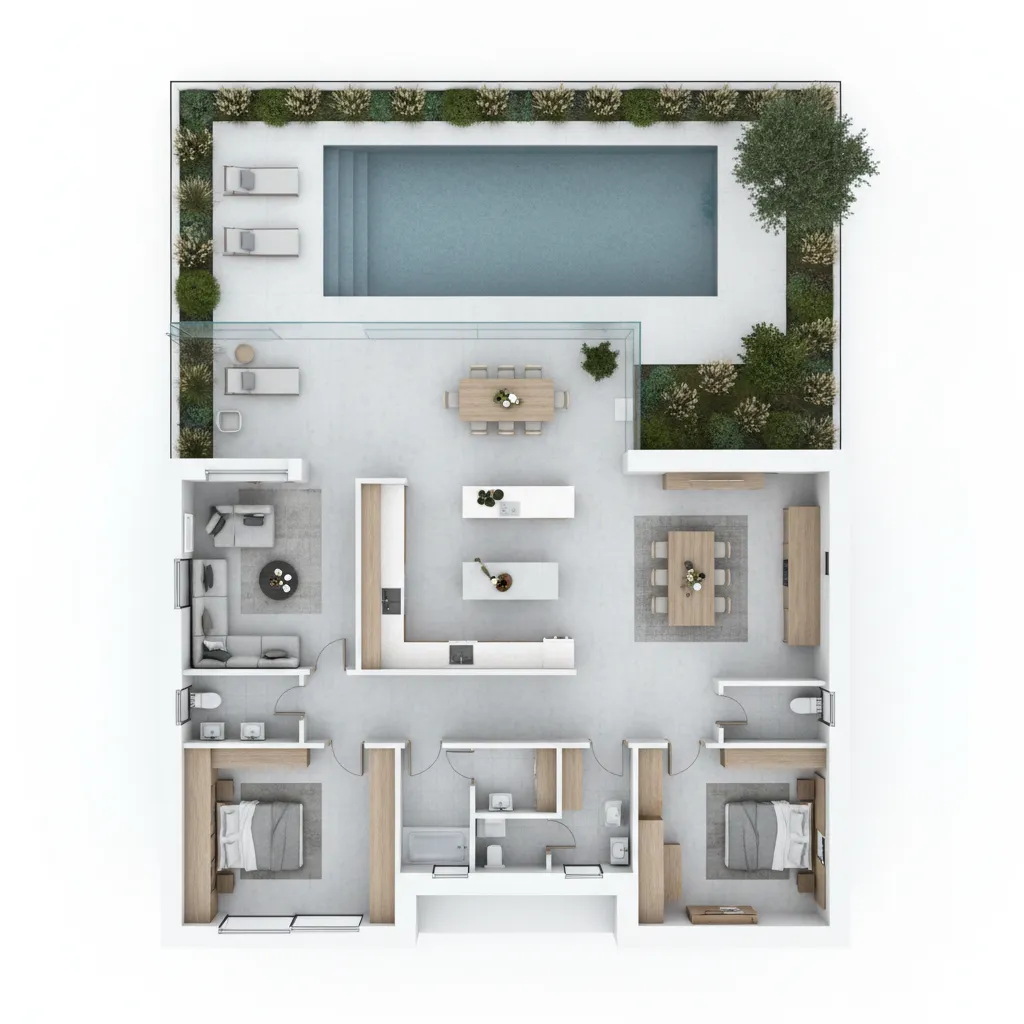 Interior design drawing showing a room layout with two bedrooms and a backyard swimming pool