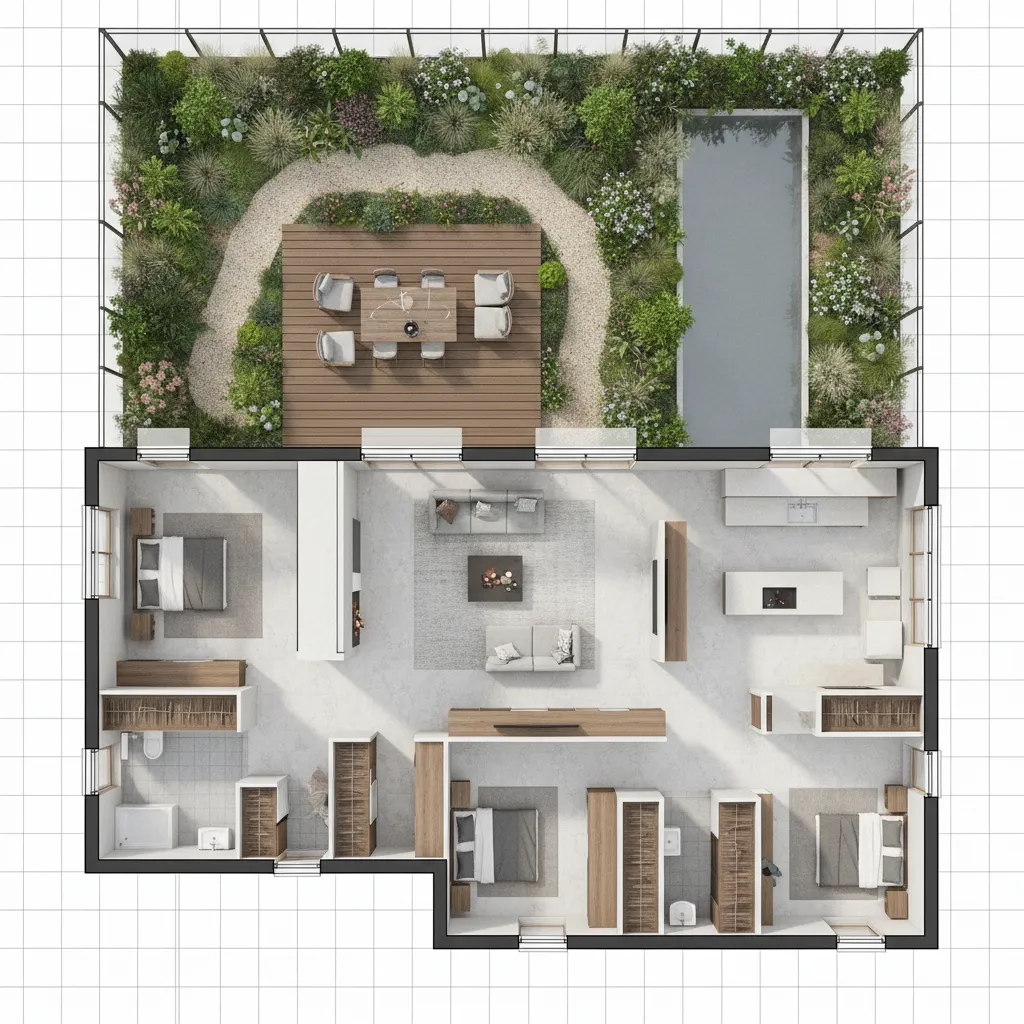 Denah rumah type 120 dengan taman belakang