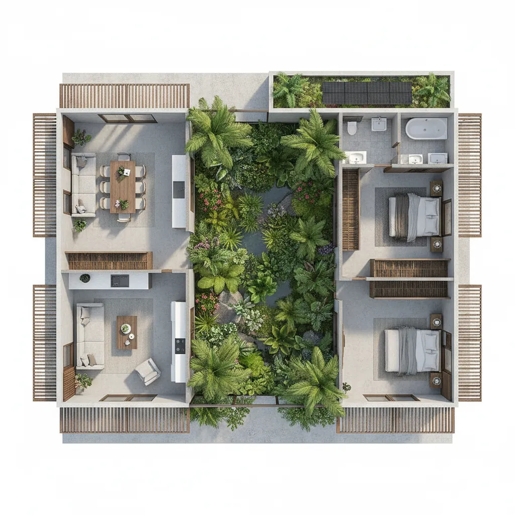 Top view interior design drawing house with central garden courtyard living room and two bedrooms