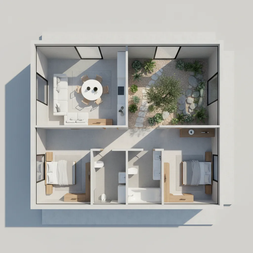 Interior design drawing of a house with small indoor garden two bedrooms and dining area