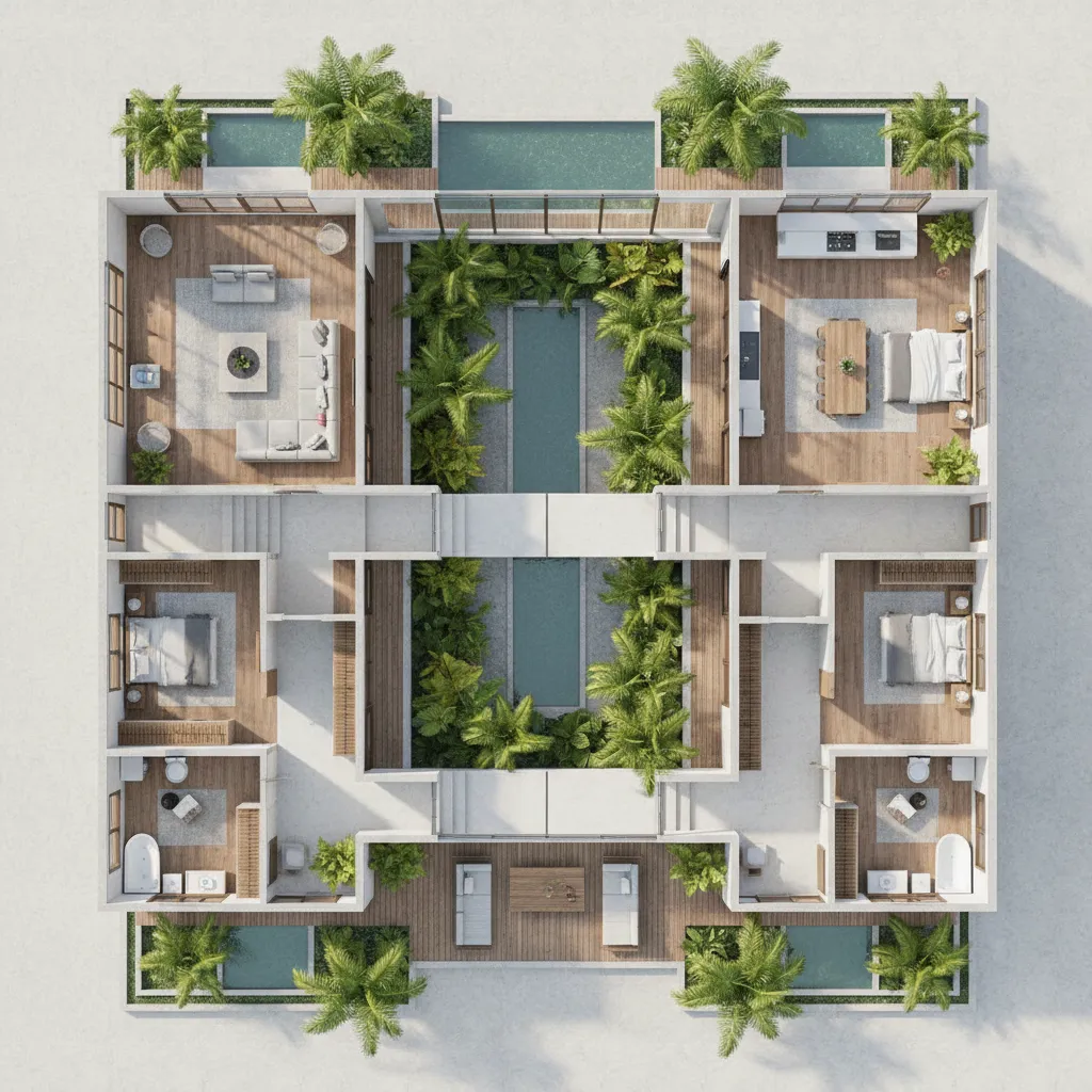 Denah rumah satu lantai dengan taman tengah