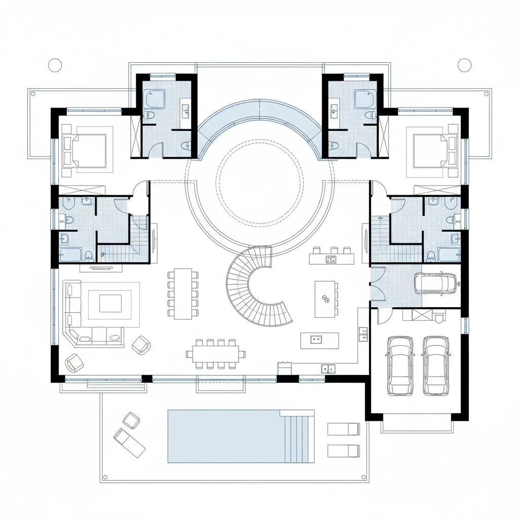 Denah rumah dua lantai dengan area void besar