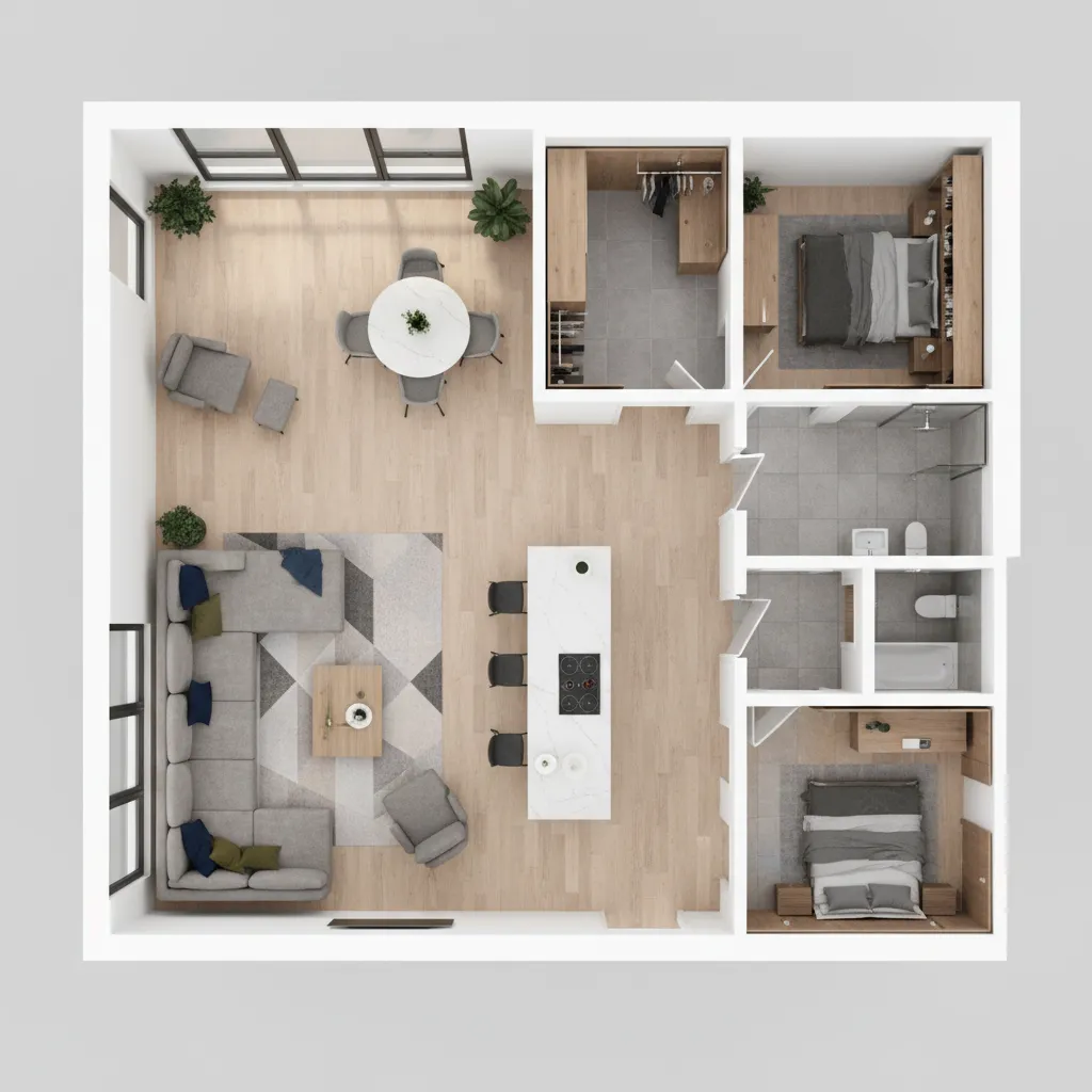 Modern 3D interior design drawing of an apartment with sofa dining table and two bedrooms