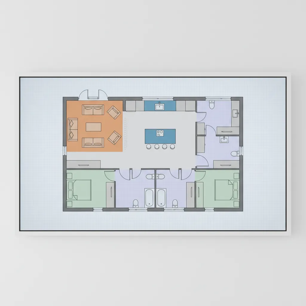 Colorful 2D floor plan showing orange living room green bedrooms blue kitchen and purple bathrooms