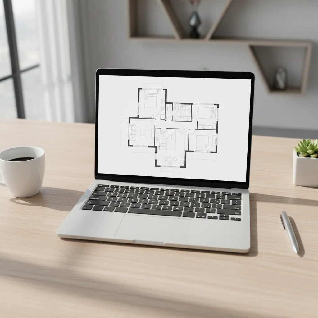 Laptop on wooden desk showing house floor plan beside coffee cup and a silver pen