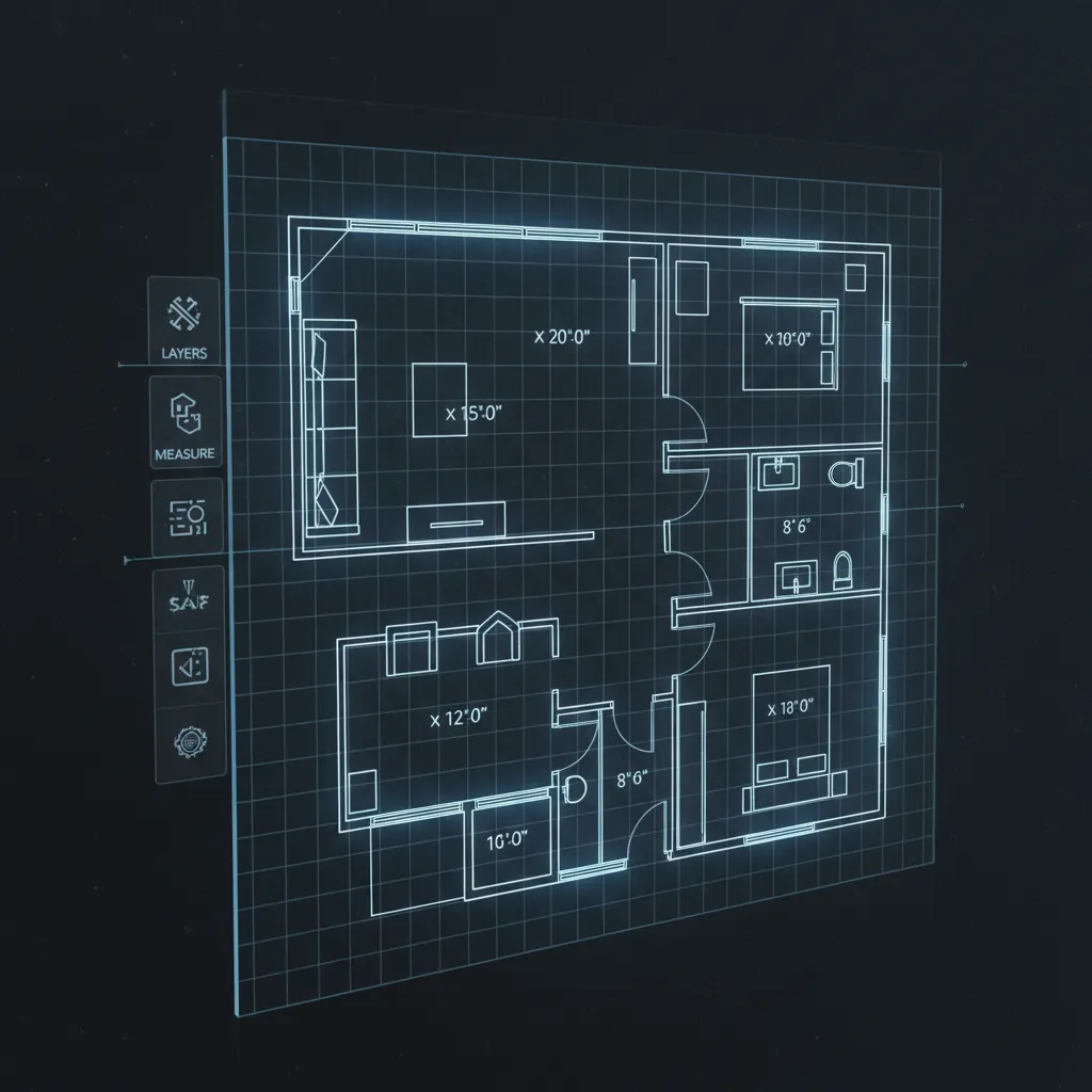 Digital 2D house floor plan layout with blue lines on grid background showing room measurements