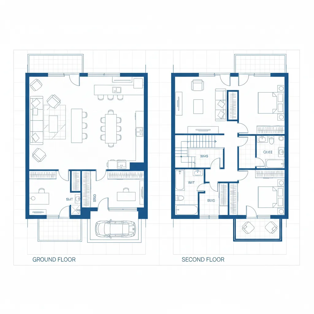 Technical floor plan drawings of ground and second floors showing furniture placement and room layouts