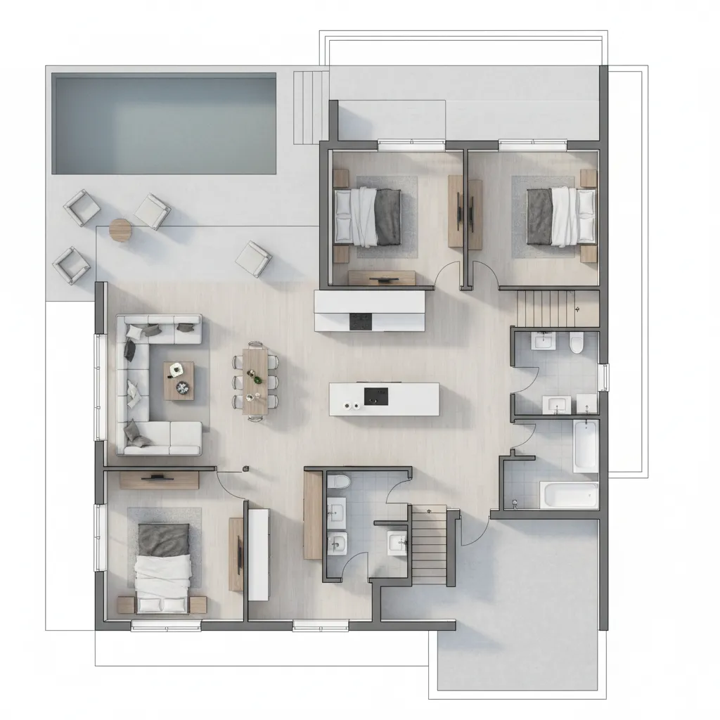 Top view room layout showing three bedrooms, living area, kitchen, dining space, and outdoor pool