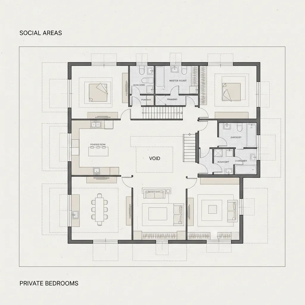 Detailed 2D floor plan layout showing bedrooms dining area living room furniture and central stairs
